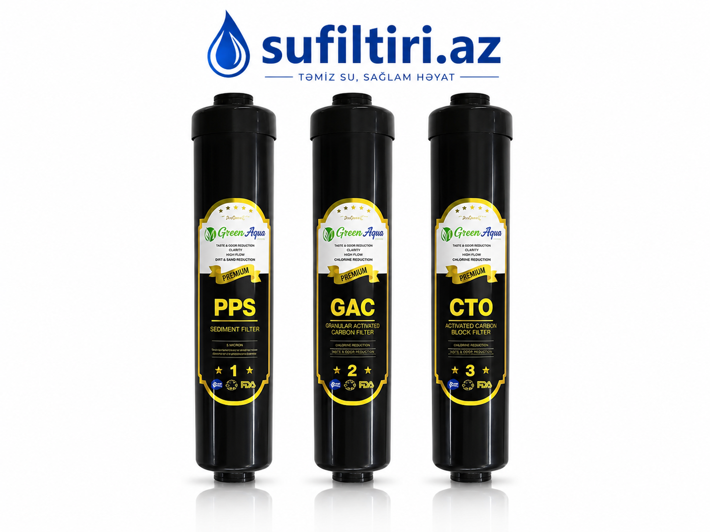 Green Aqua Inline Filtr Dəsti PPS + GAC + CTO (3-lü Komplekt)