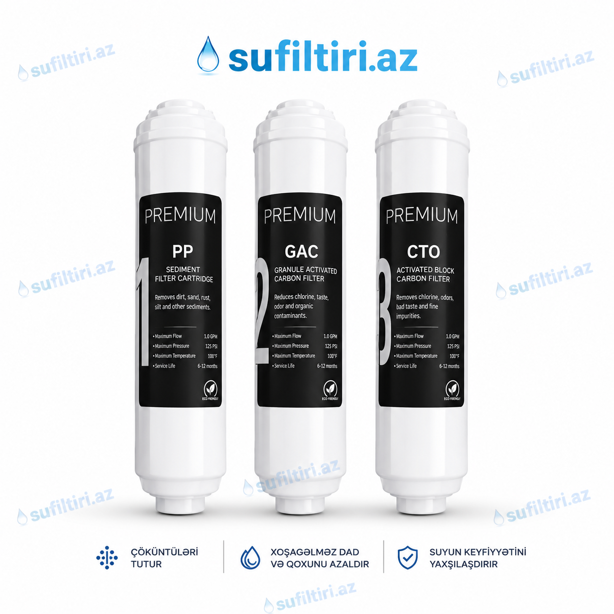 Premium Inline Filtr Dəsti PP + GAC + CTO (3-lü Komplekt)