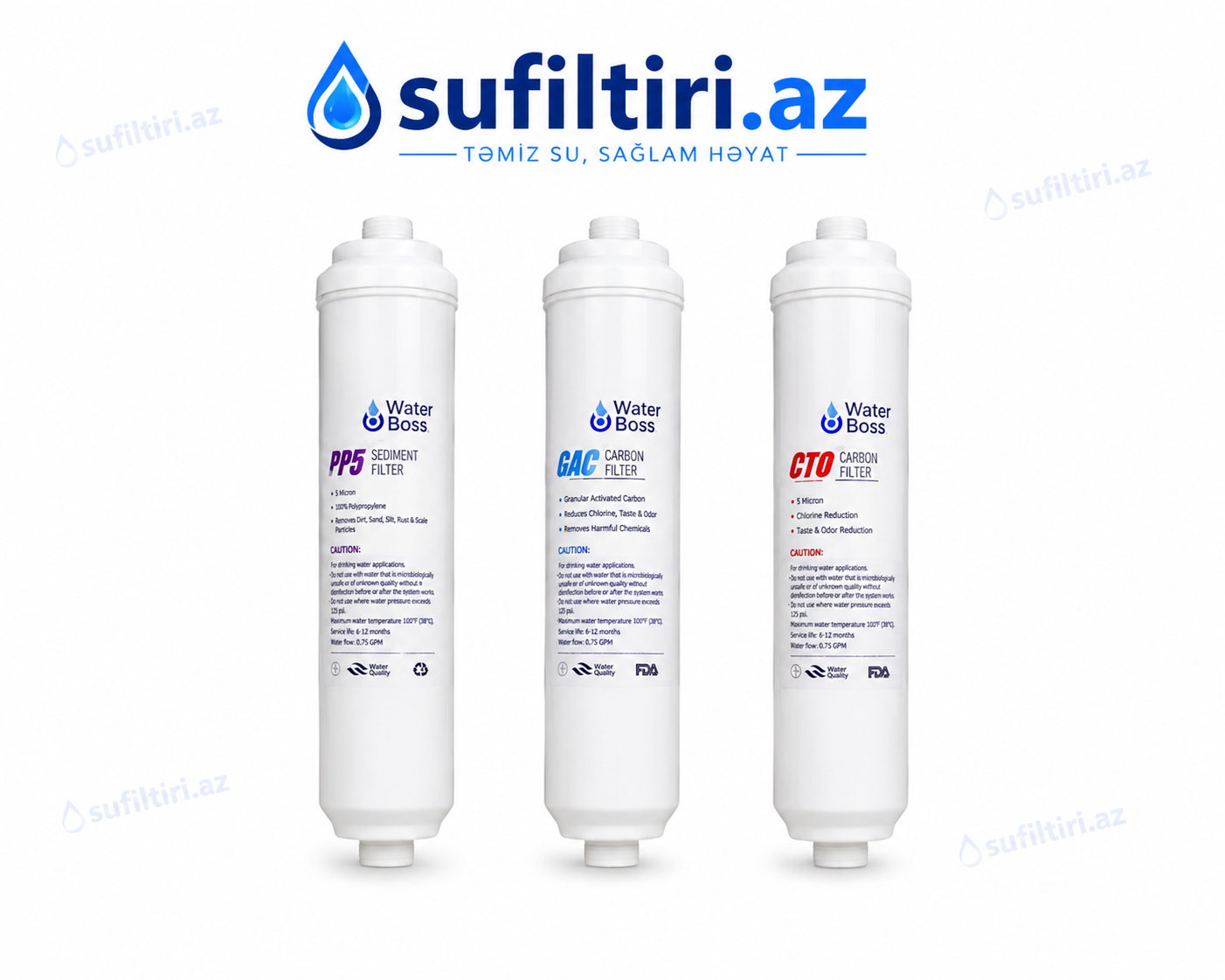 WaterBoss Inline Filtr Dəsti PP + GAC + CTO (3-lü Komplekt)